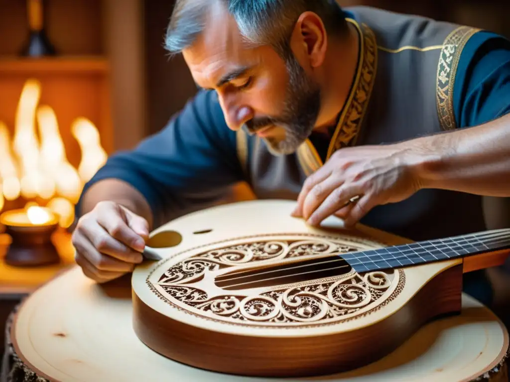 Un artesano luthier talla detalladamente una balalaika rusa en su taller iluminado, mostrando la historia y construcción de instrumentos musicales