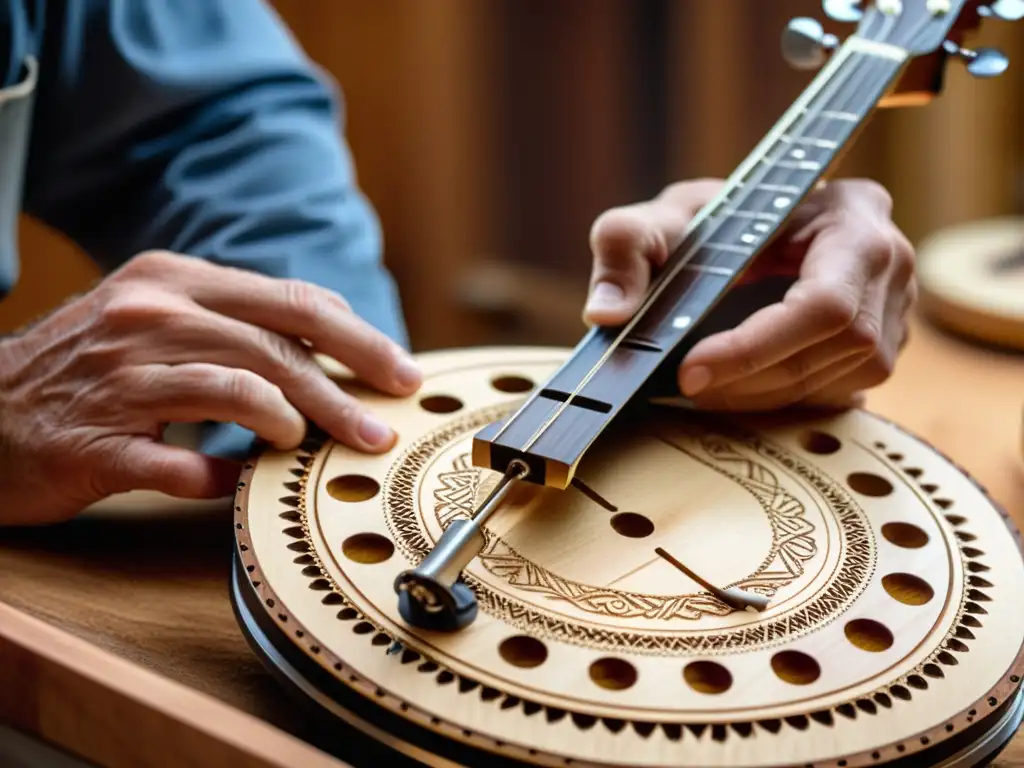 Un artesano del banjo en Bluegrass talla con precisión diseños en la madera, mostrando la tradición y destreza en la construcción del instrumento