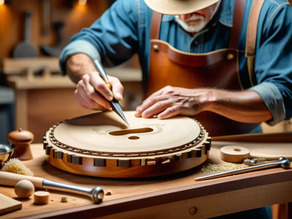 Artesano del banjo en Bluegrass esculpiendo con precisión la madera, rodeado de herramientas y virutas, en una cálida luz natural