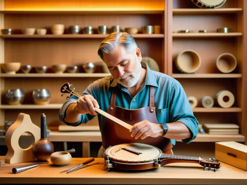 Artesano del banjo talla diseños detallados en el mástil, rodeado de herramientas y virutas de madera