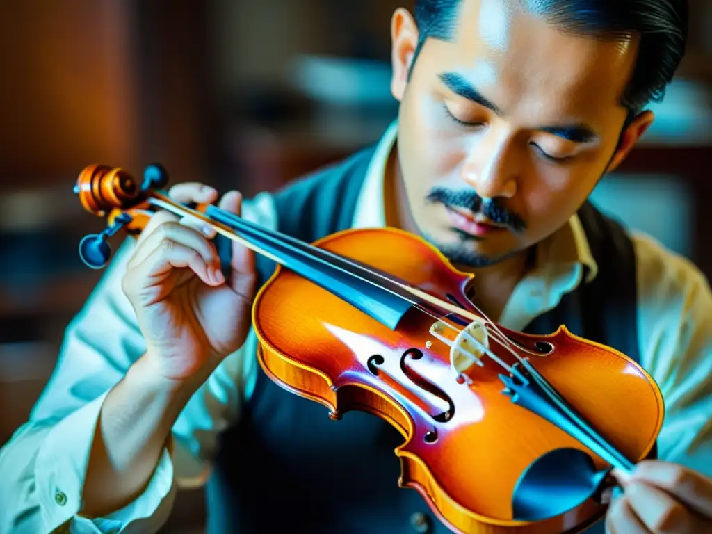 Un artesano aplica barniz a un violín con maestría, resaltando las técnicas de barnizado en violines con ricos detalles y destreza