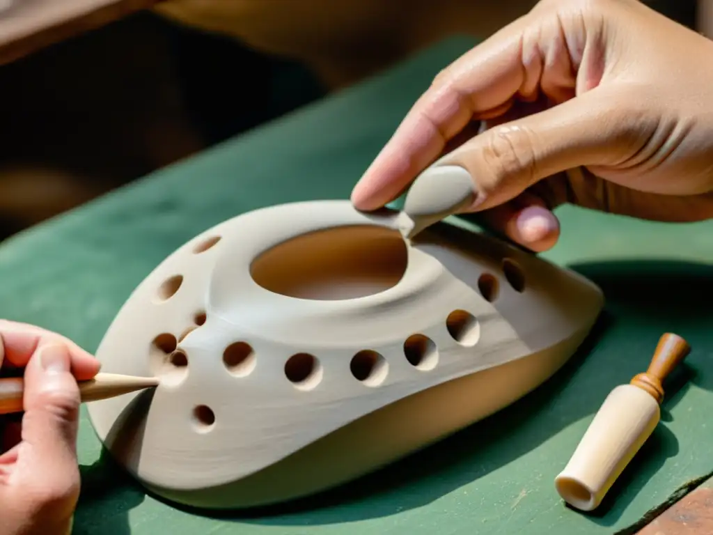 Un artesano moldea con precisión el barro húmedo en la forma delicada de una ocarina, mostrando la importancia de la cerámica en ocarinas