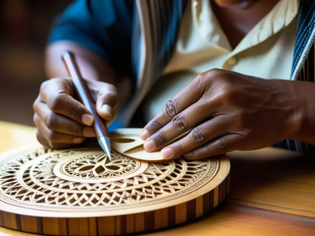 Un artesano boliviano talla delicadas decoraciones en la madera de un Charango, destacando los riesgos del legado del Charango boliviano