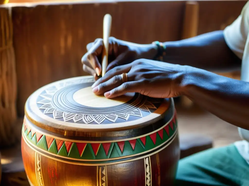 Artesano construyendo bongó con diseños vibrantes y tallados intrincados, reflejando la rica historia de la música afrocubana