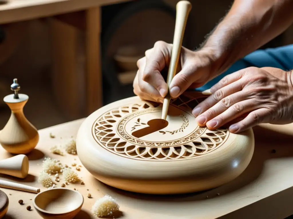 Hábil artesano tallando un bouzouki griego, con detalles y calidez de la madera