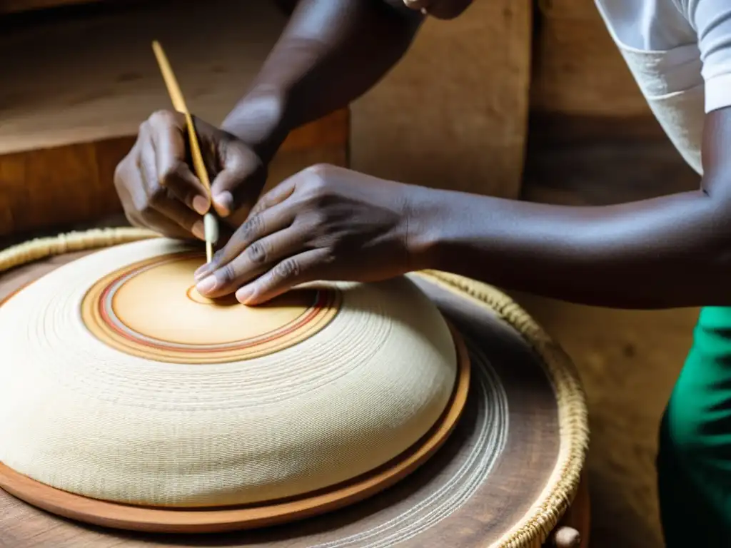 Un artesano brasileño experto elabora un pandeiro, destreza y dedicación en la construcción del icónico instrumento de la historia musical brasileña