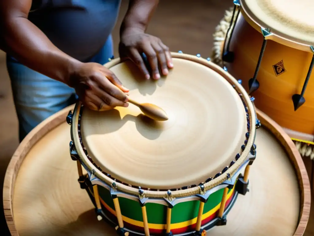 Un artesano brasileño confecciona un surdo con detalle y destreza, mostrando el origen y construcción del surdo brasileño