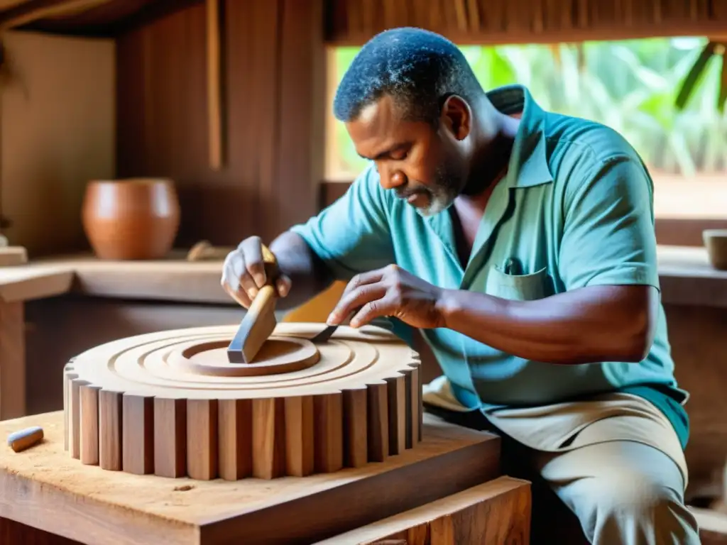 Artesano tallando la caja de resonancia de una marímbula afrocubana, mostrando el origen y construcción de este icónico instrumento