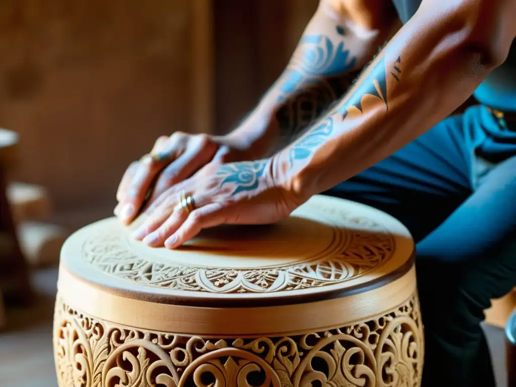 Artesano detalladamente tallando un cajón flamenco, resaltando la belleza de la madera en la construcción