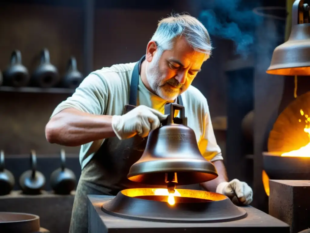 Artesano fundiendo campana de bronce en tradicional fragua, reflejando el impacto del bronce en campanas con intensidad y precisión