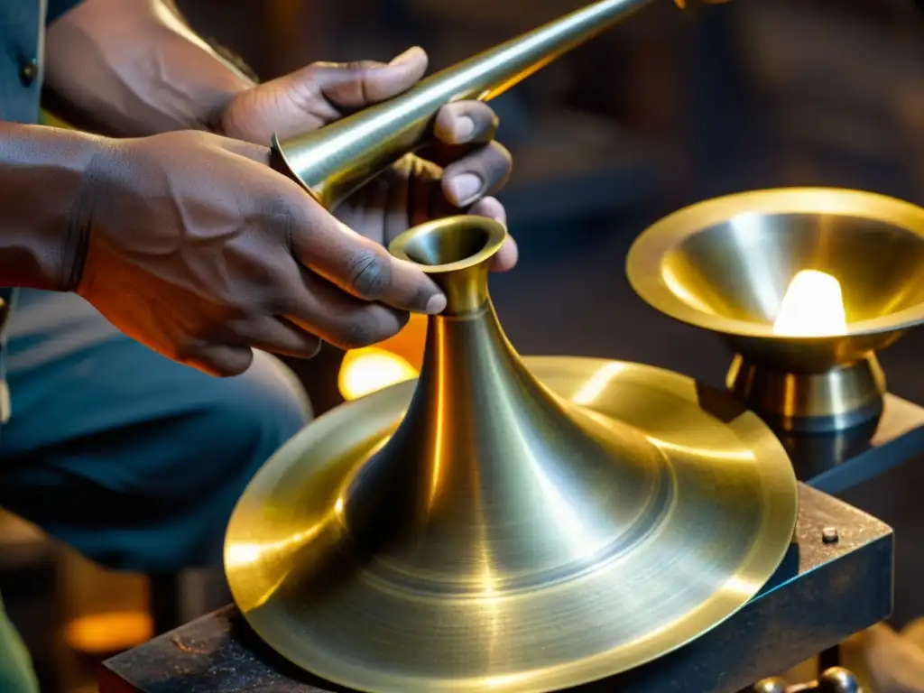 Artesano moldeando campana de trompeta en taller iluminado, mostrando el proceso de hacer instrumentos de viento metal con pasión y destreza