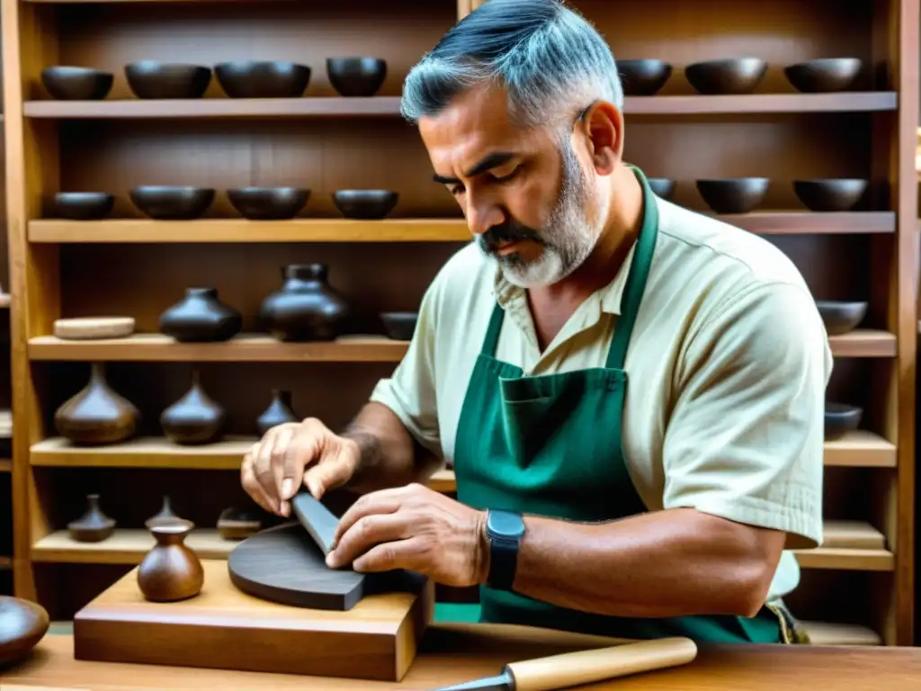 Artesano canario tallando con cuidado un tamborilete canario en madera local, reflejando la historia y la tradición de su construcción