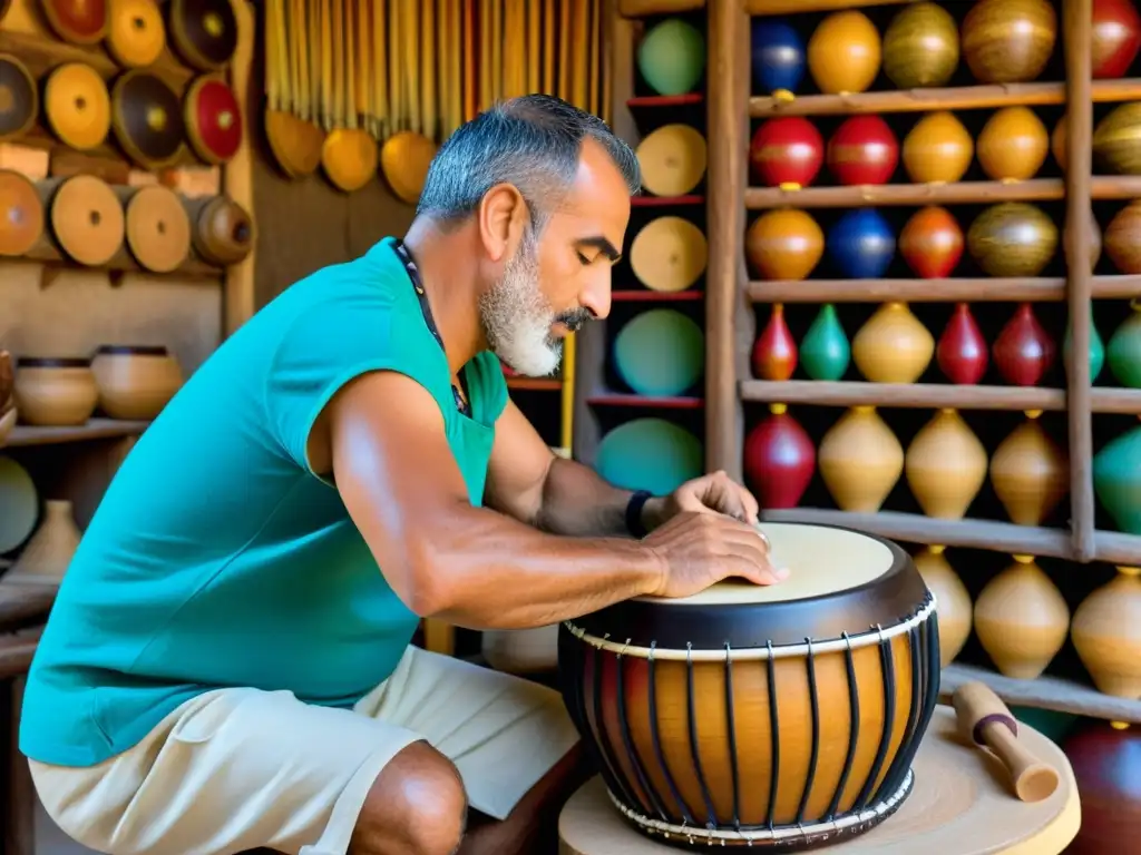 Artesano canario construyendo un tamborilete, resaltando la historia y la construcción tradicional del instrumento