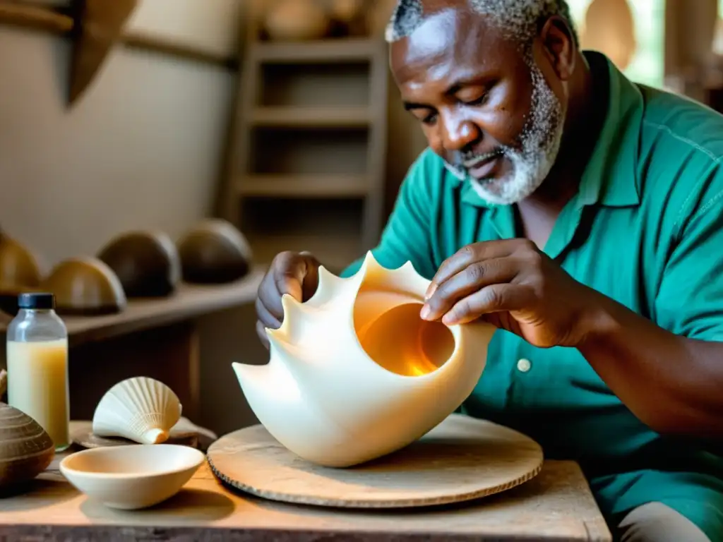 Un artesano cuidadosamente talla un caracol marino, destacando la historia y el sonido del Conch Shell