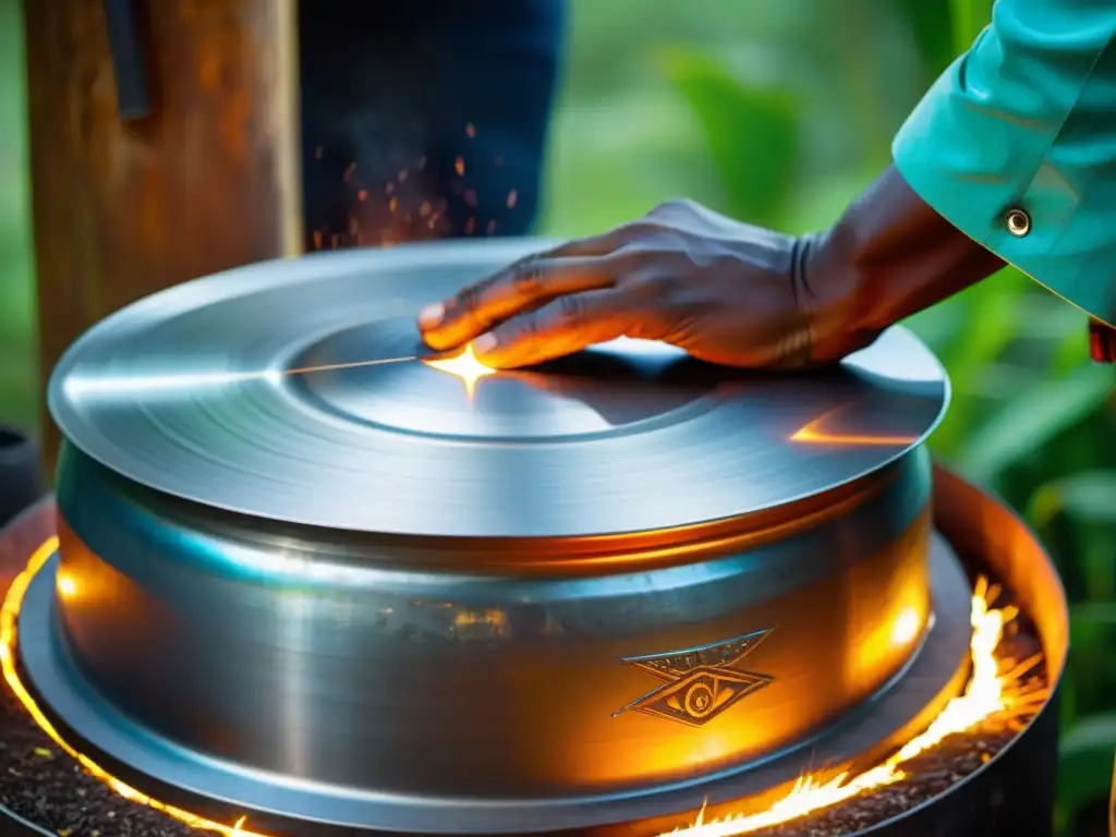 Un artesano caribeño moldea meticulosamente un steel drum mientras las chispas vuelan, destacando la artesanía del icónico instrumento