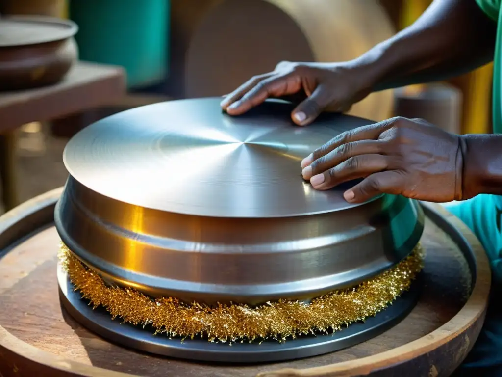 Artesano caribeño moldea con destreza un steel drum a mano, destacando el origen y expansión de los steel drums caribeños