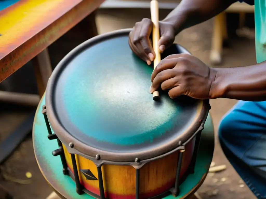 Un artesano caribeño experto crea con pasión un steel drum en su taller