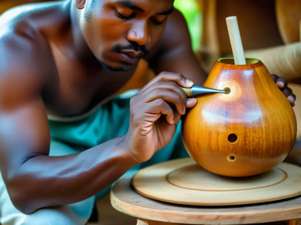 Un artesano caribeño esculpe una güira en una calabaza, mostrando la artesanía y pasión en la construcción del güiro