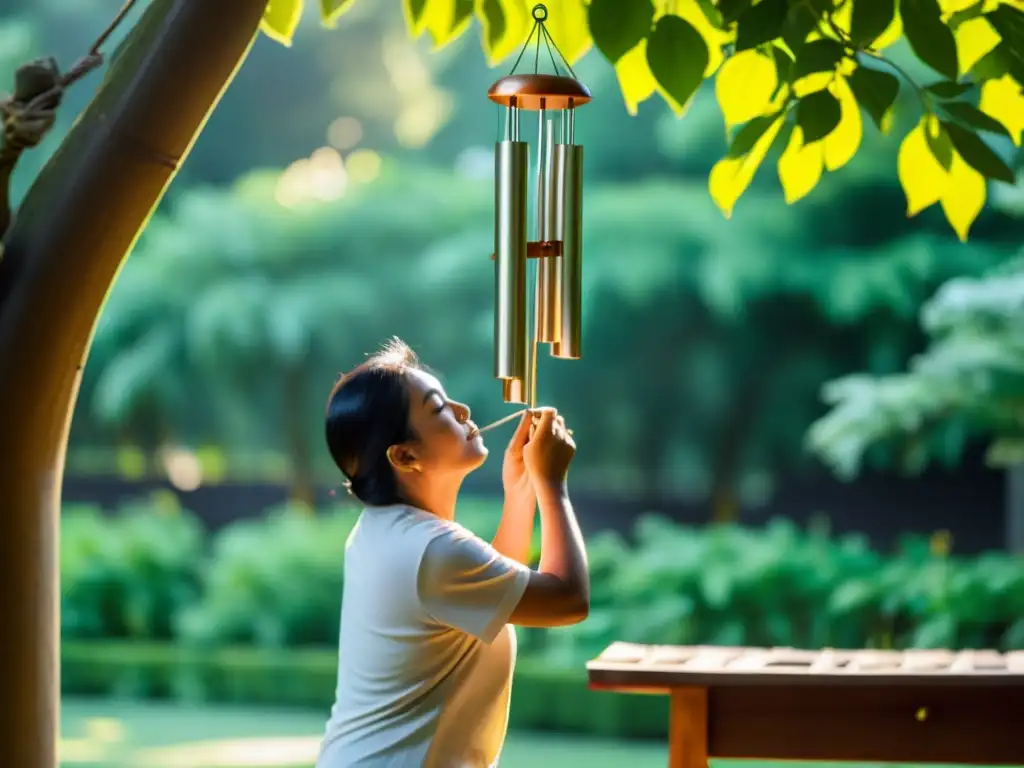 Un artesano hábil construye un carillón de viento en un jardín sereno