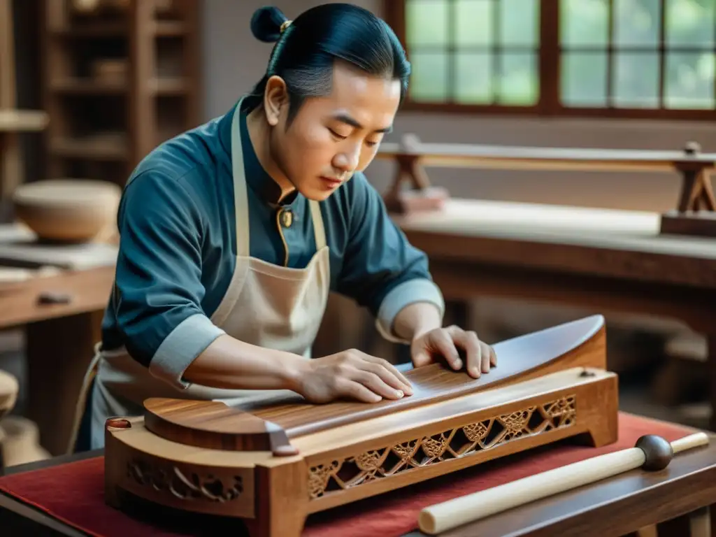 Artesano chino tallando meticulosamente el cuerpo de un guzheng con herramientas y materiales, resaltando la historia y construcción del guzheng