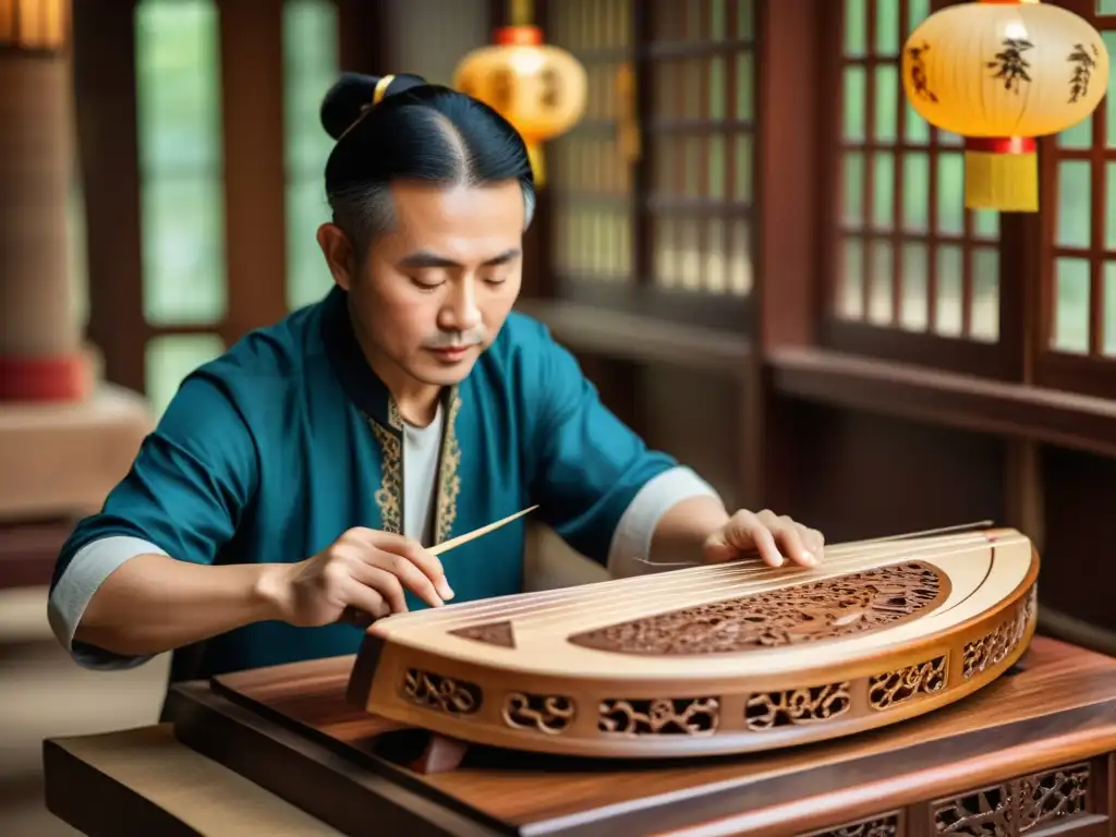 Un artesano chino talla con precisión el cuerpo de madera de un guzheng rodeado de herramientas antiguas y diseños intrincados, resaltando la historia y construcción del guzheng