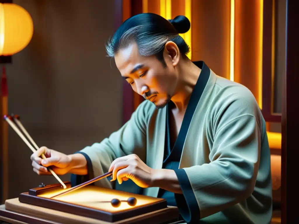 Un artesano chino esculpe con cuidado un erhu, mostrando la historia y sonido del erhu a través de su dedicación y destreza en su taller iluminado