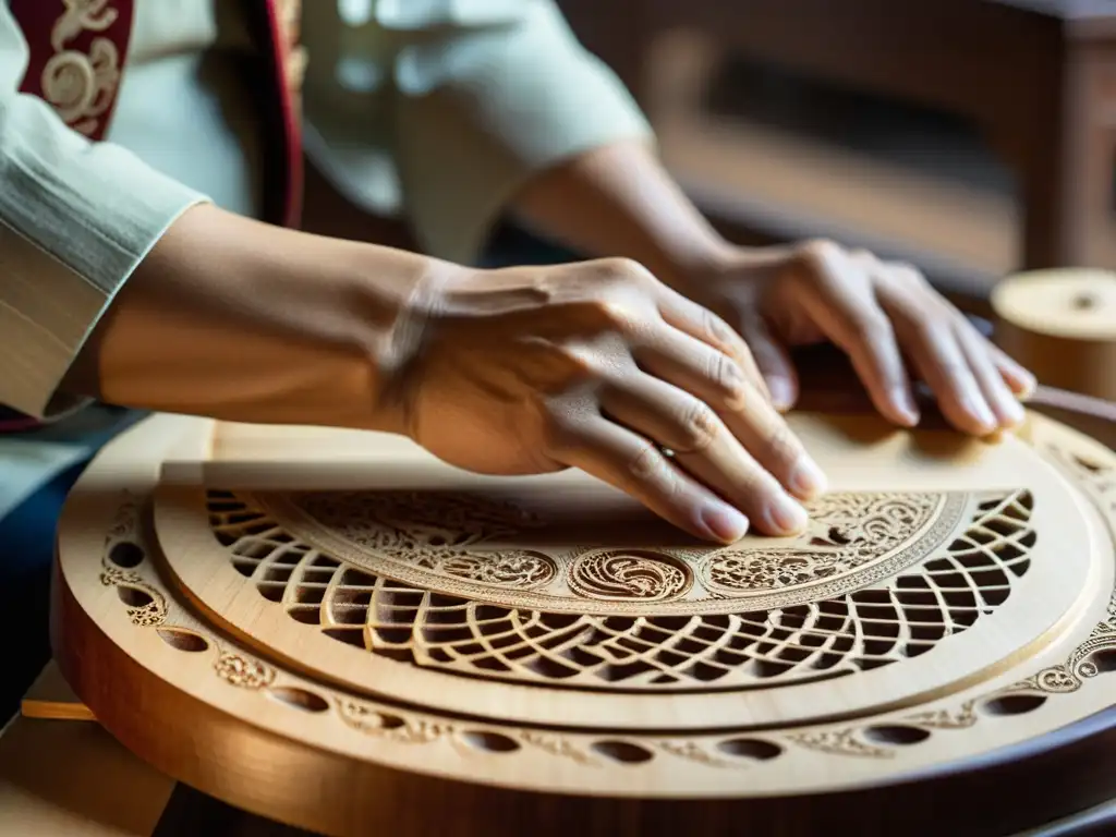 Un artesano chino talla con destreza un guzheng, mostrando la meticulosa construcción de este instrumento tradicional