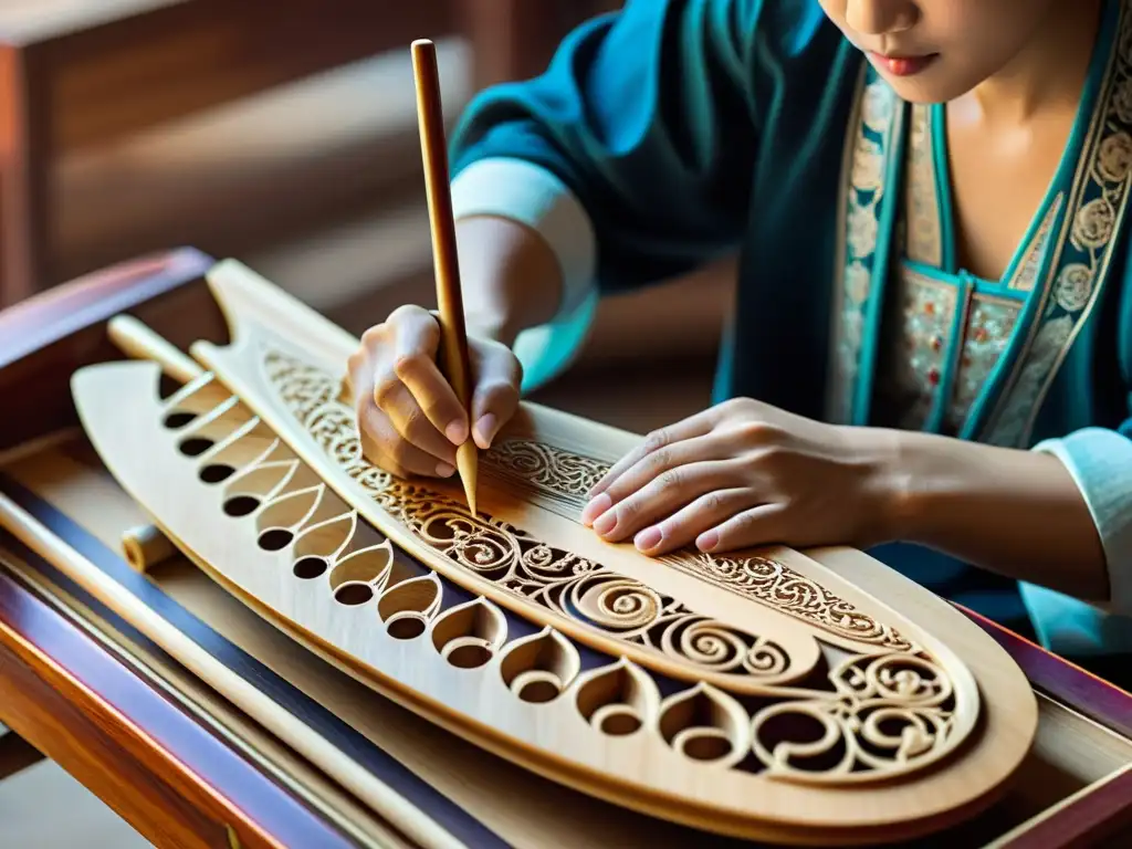 Un artesano chino talla con precisión diseños en un guzheng, capturando la influencia cultural del instrumento