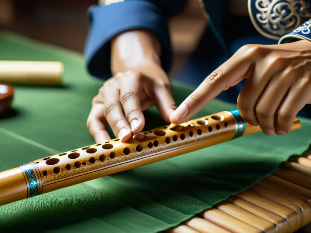 Un artesano chino experto talla con cuidado una flauta Dizi de bambú, iluminada por luz natural en un taller tradicional