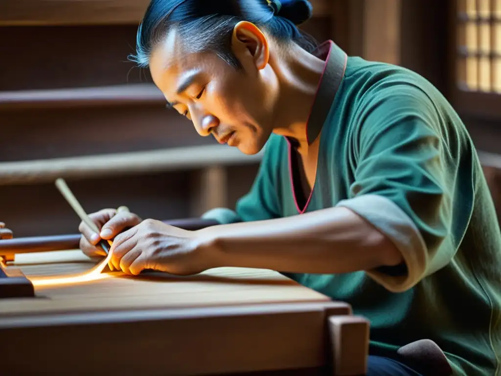 Un artesano chino experto talla con precisión las delicadas cuerdas de un guqin, evocando la historia y el sonido de la construcción tradicional del instrumento