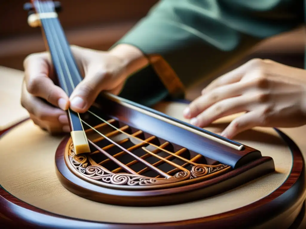 Artesano chino talla y crea un guqin con maestría, resaltando la historia y el sonido de este instrumento milenario