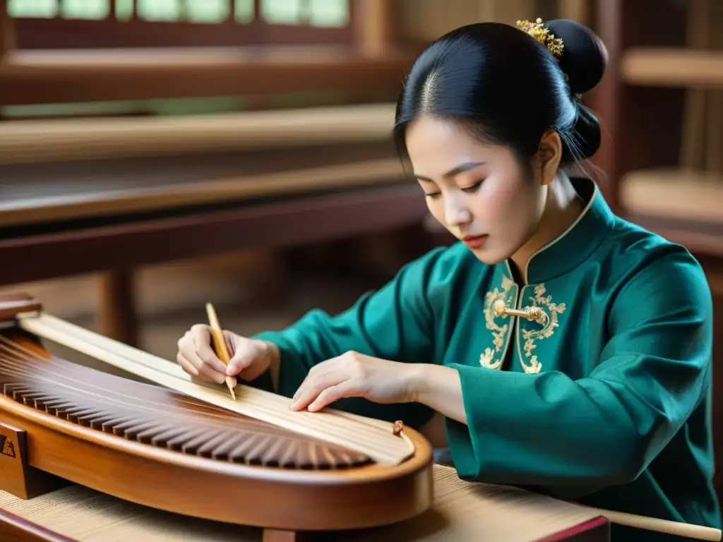 Un artesano chino crea meticulosamente un guzheng, mostrando la historia y legado del guzheng chino a través de su artesanía tradicional y detallada