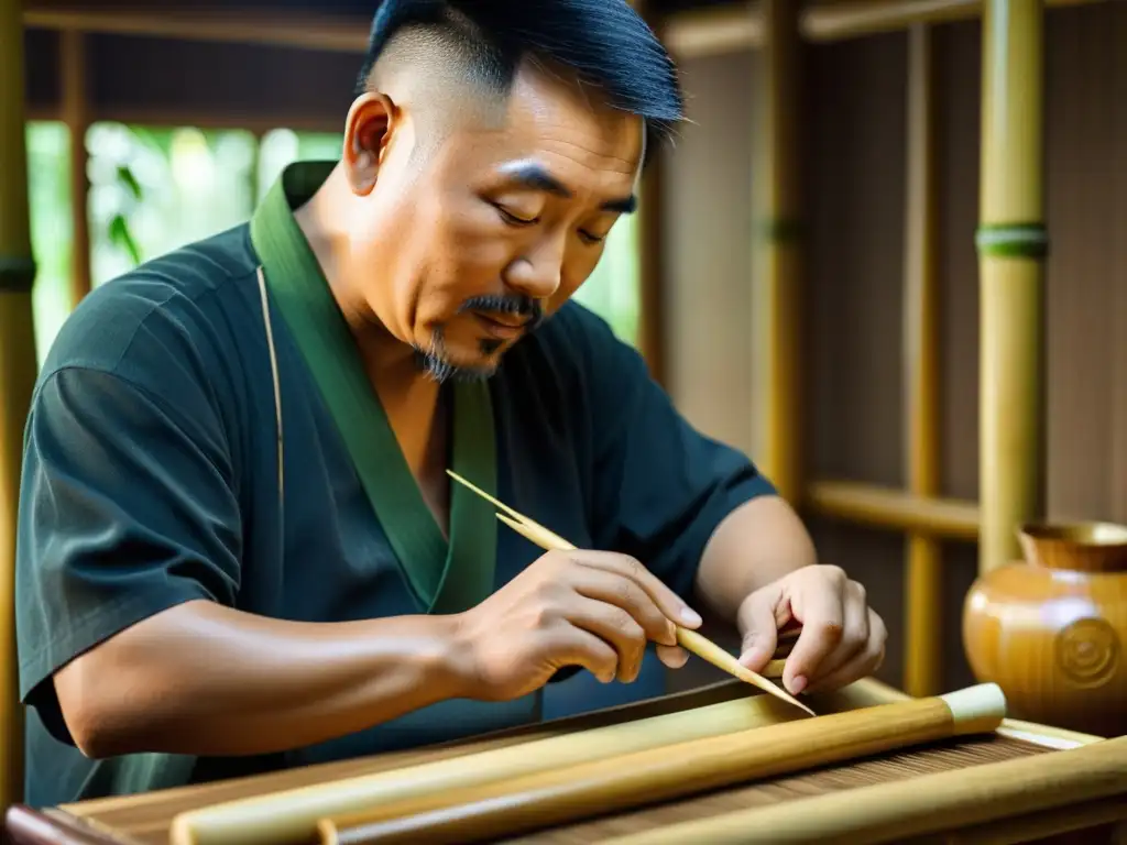 Un artesano chino talla con precisión una delicada caña de bambú para la construcción de un sheng, destacando la historia y construcción del sheng