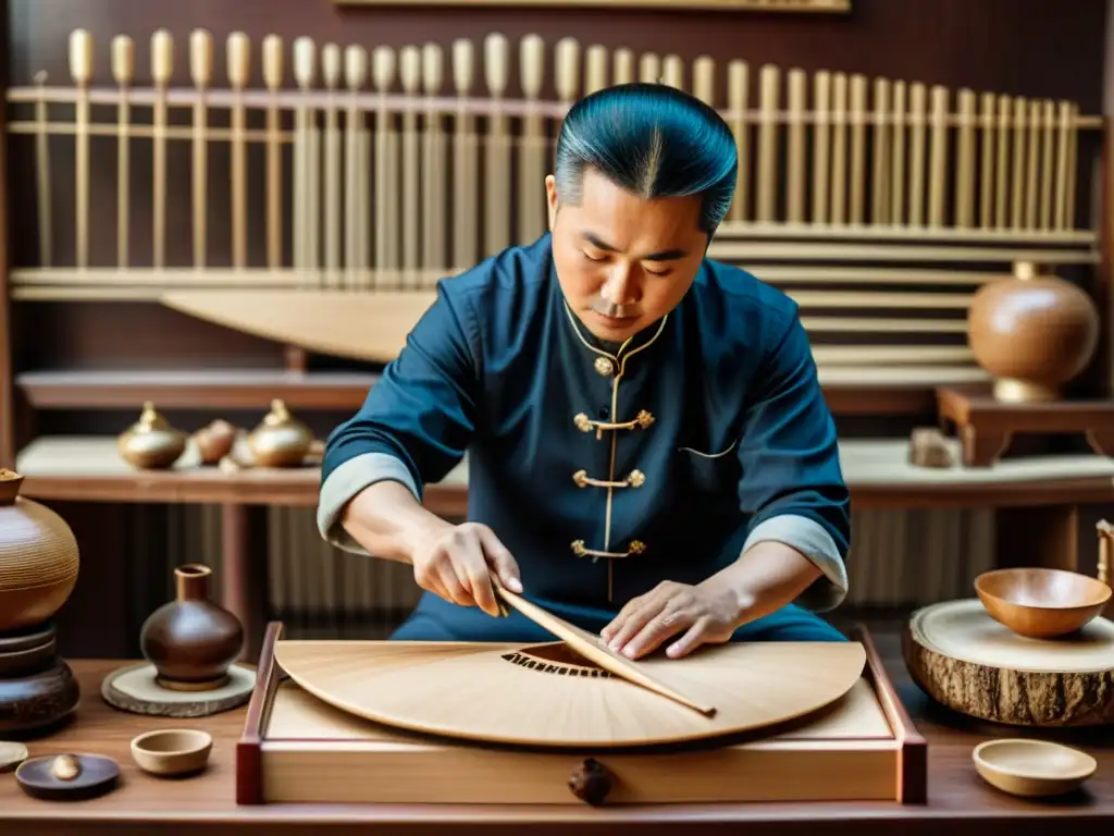 Un artesano chino talla un guzheng con precisión, rodeado de herramientas y virutas de madera