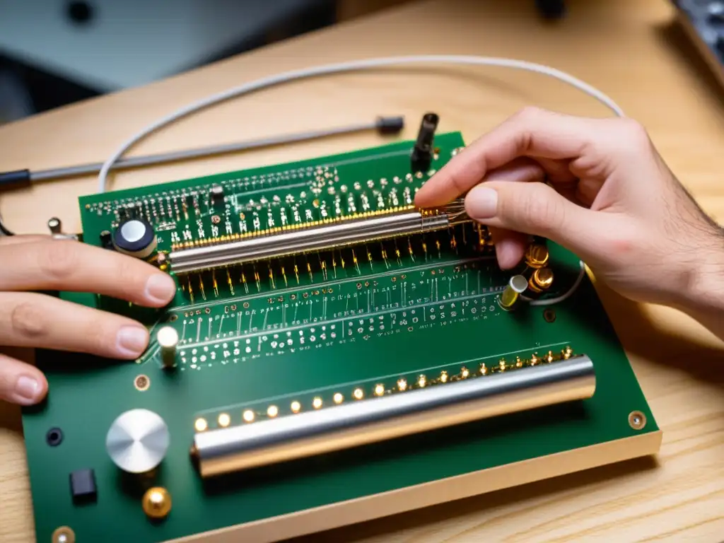 Artesano soldando circuitos de instrumentos musicales electrónicos innovadores en un taller moderno y elegante, destacando precisión y artesanía