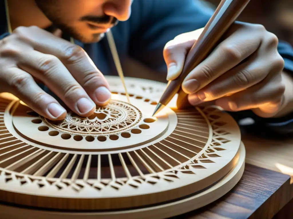 Artesano construyendo clavicordio: detalle de cuerdas, tallado de madera y concentración