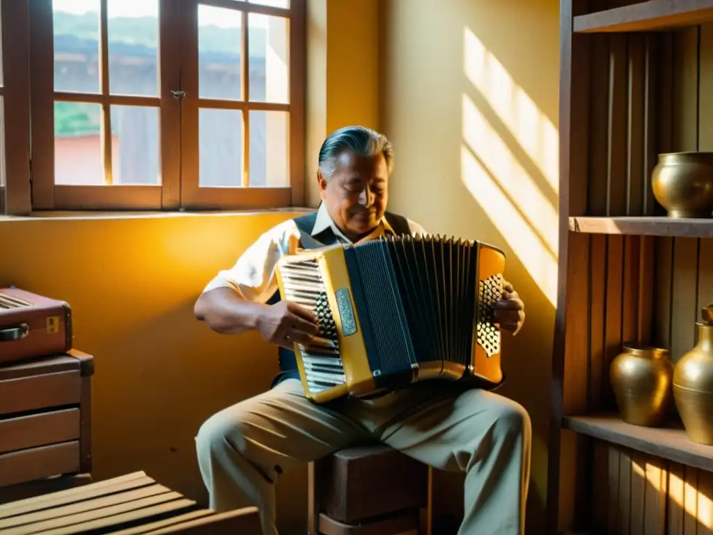 Artesano colombiano crea acordeones tradicionales en taller vintage Artesano colombiano con maestría crea un acordeón tradicional en taller iluminado por el sol
