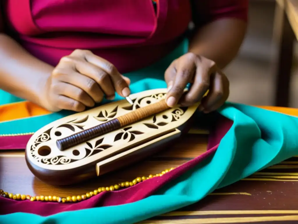 Artesano del Pacífico Colombiano tallando un Chirimita Chocoana, destacando la artesanía y la rica herencia cultural