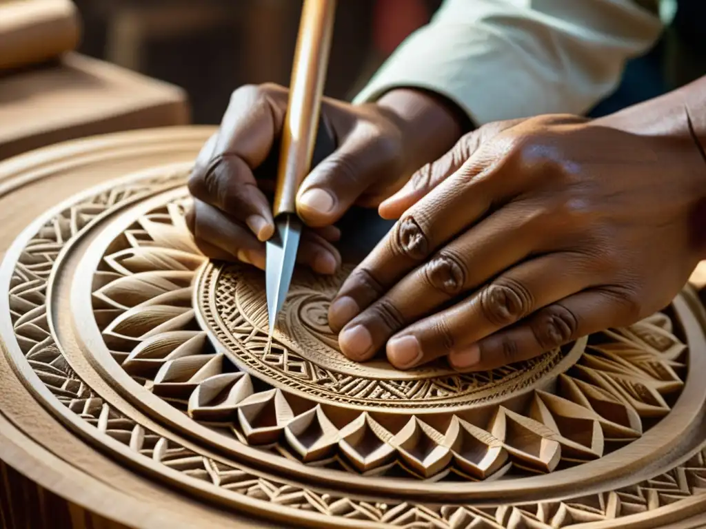 Un artesano colombiano talla con precisión diseños en un tiple, mostrando la dedicación y destreza en la construcción de este instrumento cultural