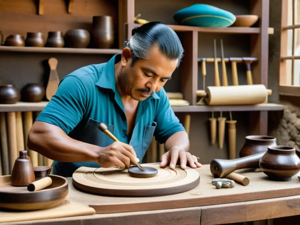 Artesano colombiano dando forma al tiple con dedicación y destreza, reflejando la historia y construcción de este instrumento tradicional