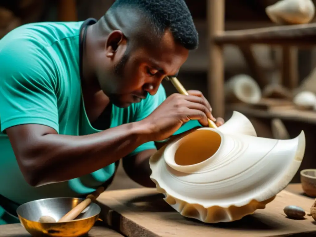 Artesano concentrado tallando una concha para el Sonido del Caracol en rituales, rodeado de herramientas y materiales