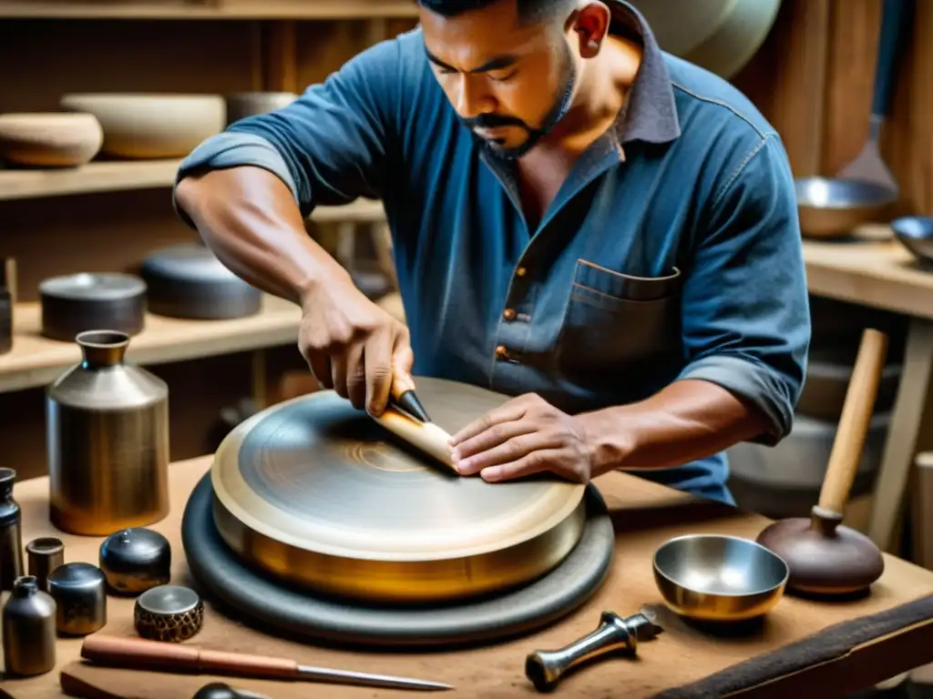 Un artesano concentrado moldeando un hang drum, rodeado de herramientas y materiales, destacando la artesanía y la historia del instrumento musical