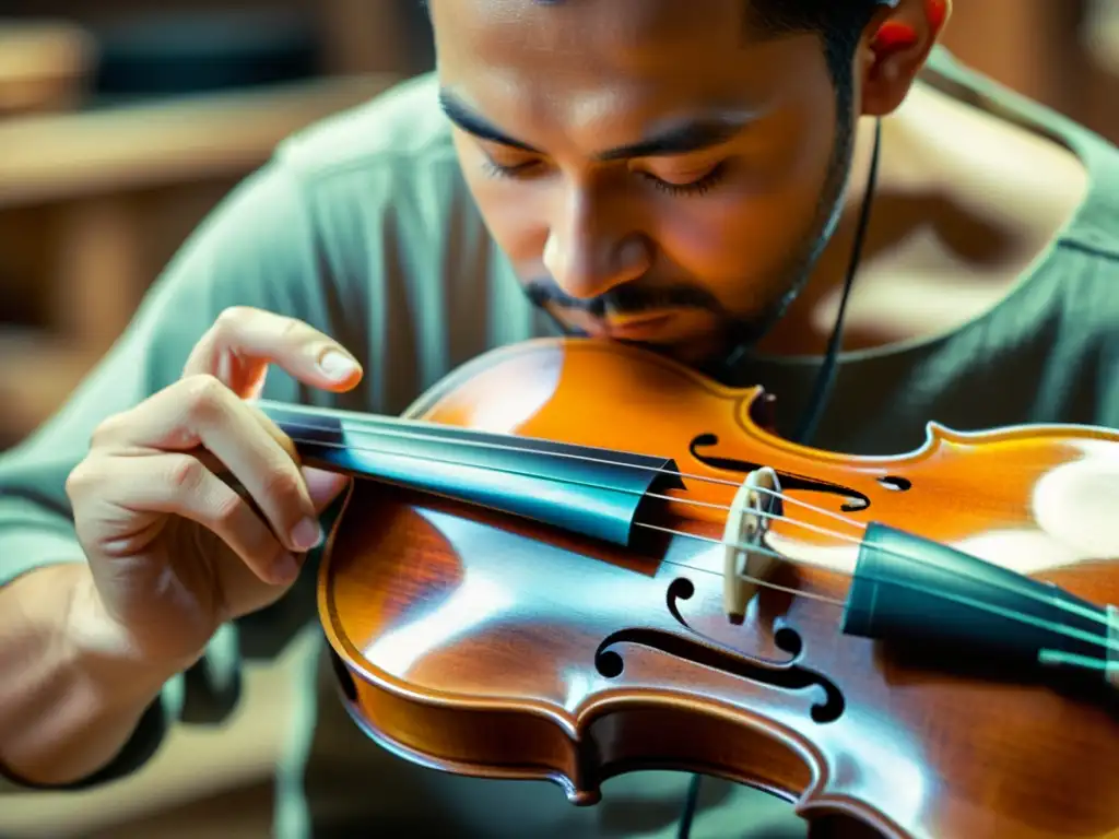 Artesano concentrado tallando un violín de madera de alta calidad