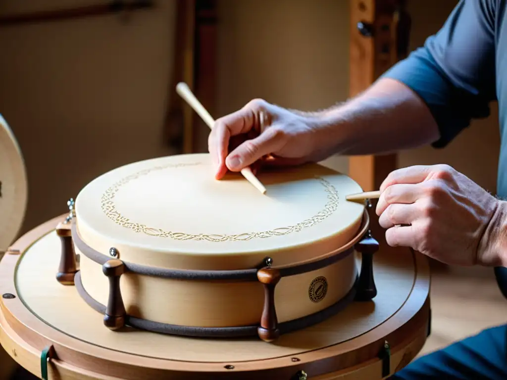 Artesanía tradicional: Creación de bodhrán Artesano trabajando en la construcción tradicional y la historia del bodhrán, con atención meticulosa a los detalles y la artesanía