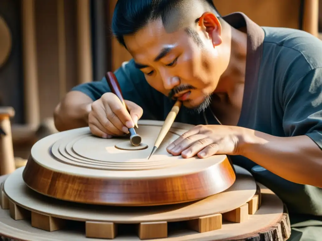 Un artesano coreano talla con destreza el cuerpo de madera de un janggu tradicional, mostrando la historia y la construcción de este icónico instrumento de sonido coreano