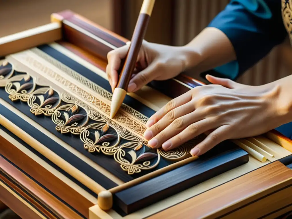 Un artesano coreano talla con precisión en un Gayageum, mostrando la artesanía y la historia de este instrumento musical