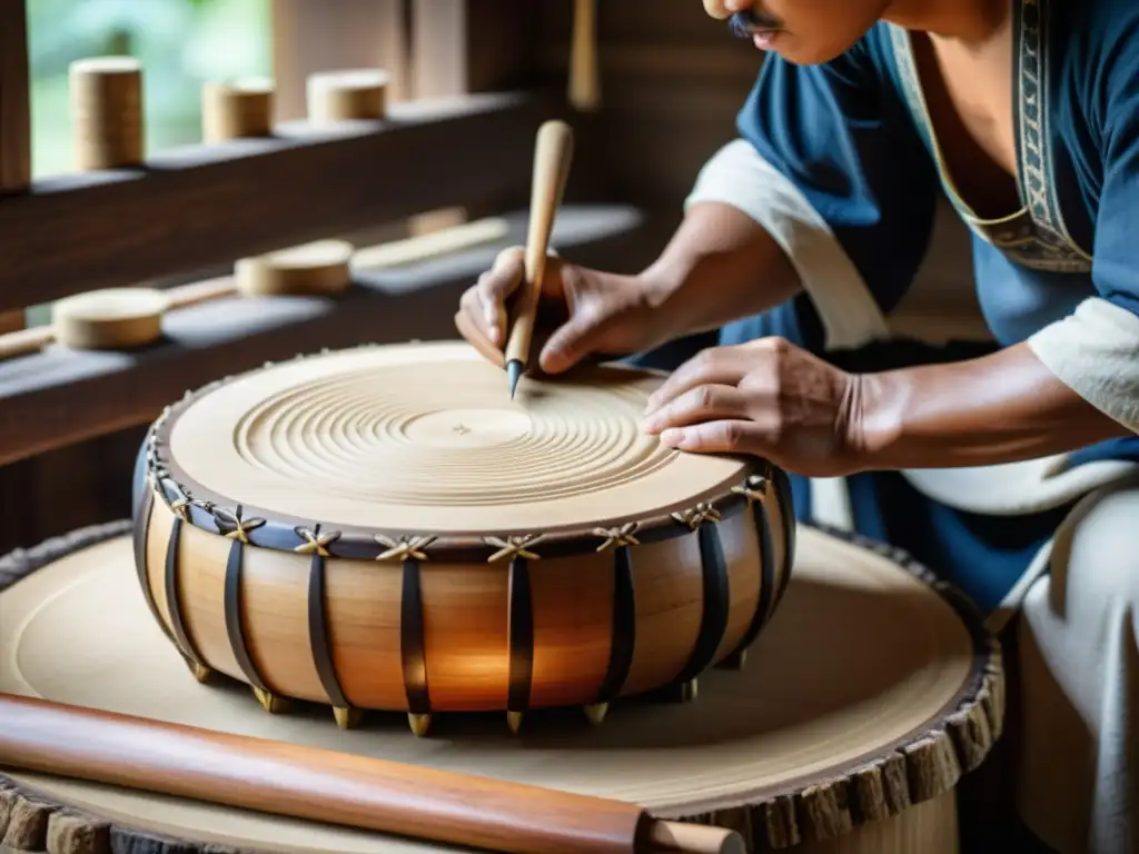 Un artesano coreano talla con maestría un janggu, mostrando la historia, construcción y sonido del instrumento tradicional coreano