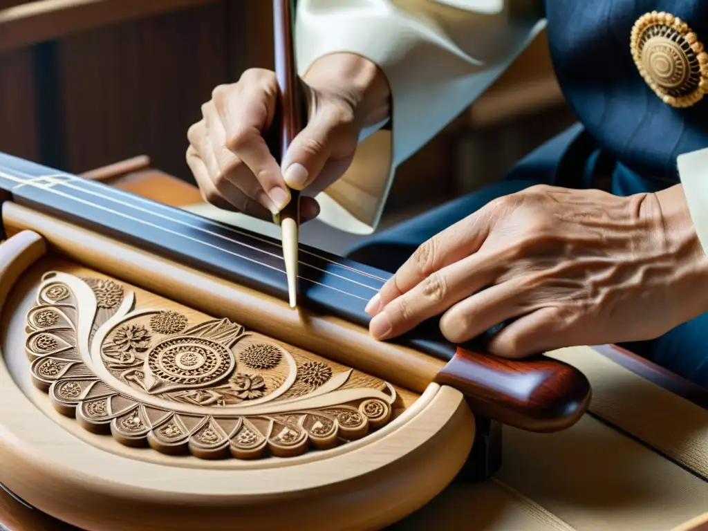 Un artesano coreano talla con precisión el cuerpo de un Gayageum, mostrando la dedicación y la tradición detrás de su construcción