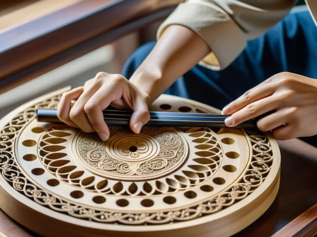 Un artesano coreano esculpe con precisión un chang tradicional, mostrando la artesanía histórica y dedicación al detalle en su construcción