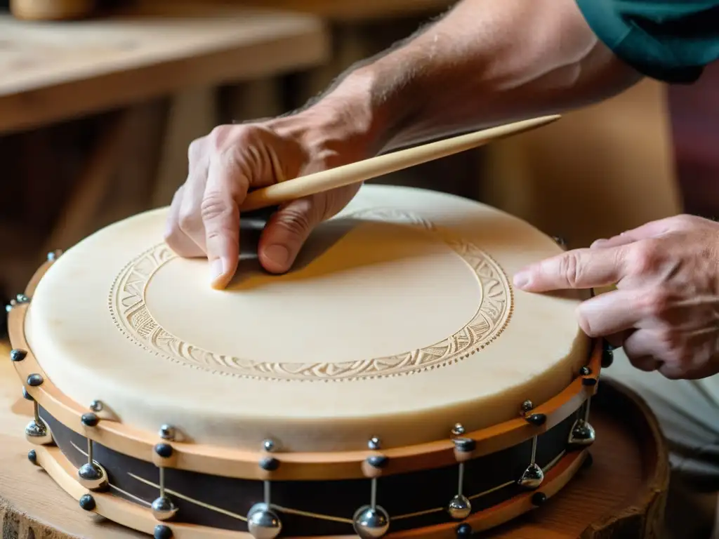 Un artesano moldea el cuero de un bodhrán irlandés con destreza, resaltando la tradición y la meticulosidad en su construcción